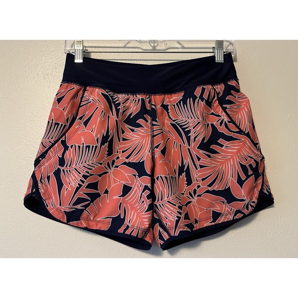 Lands End Navy & Coral Tropical Leaf Swim Shorts Women’s Size 0P Lined Quick Dry